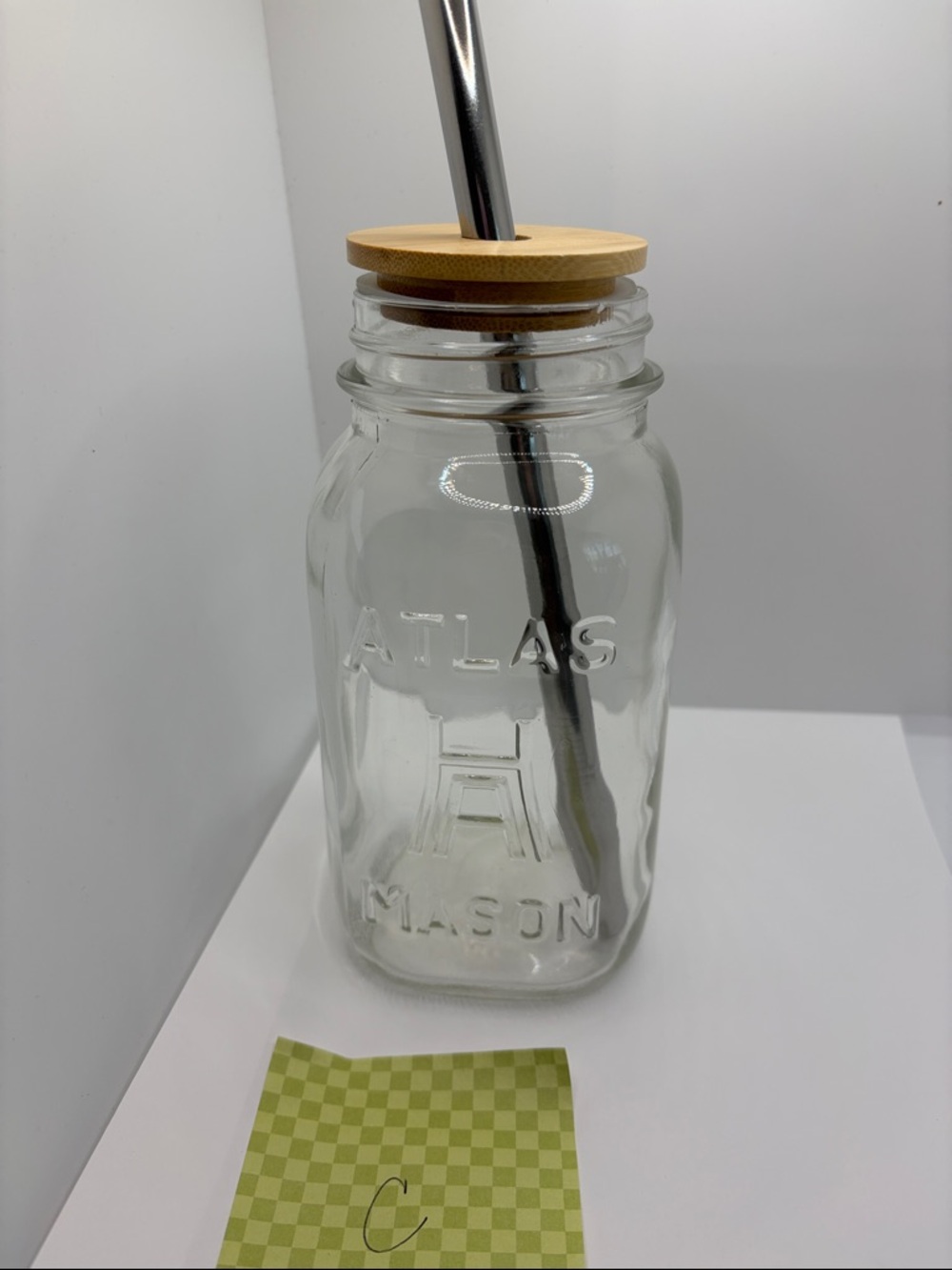 Vintage Atlas Mason Glass Drinking Jar with Bamboo Lid & Stainless Straw - Clear